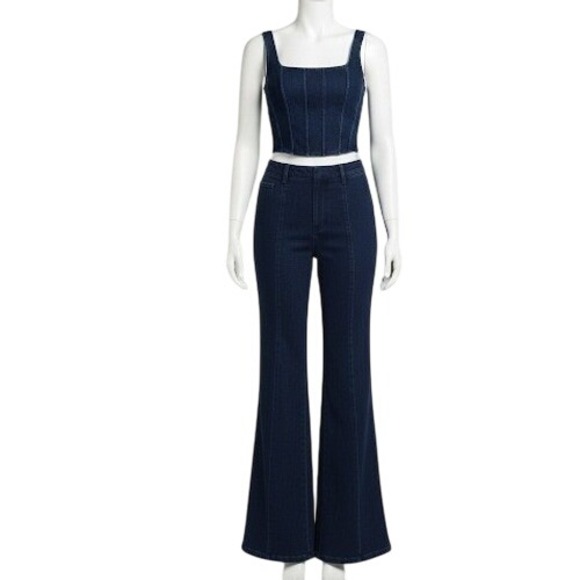 Good American Denim Corset Top and Flare Pant Set Dark Wash...